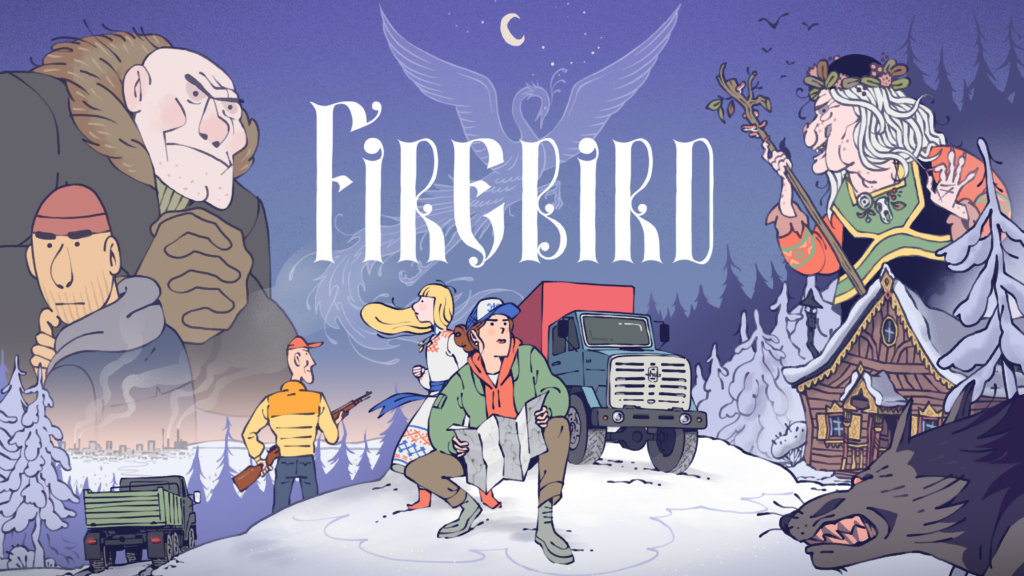 Official keyart of the video game Firebird, with Mariska and Vassilissa in the foreground. We can see in the background Baba Yaga, Ivan and his truck the Grey Wolf.