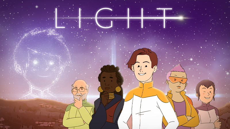 Keyart of the game Light, with the main heroes in front of a star hill and Mackenzie's face in constellation.
