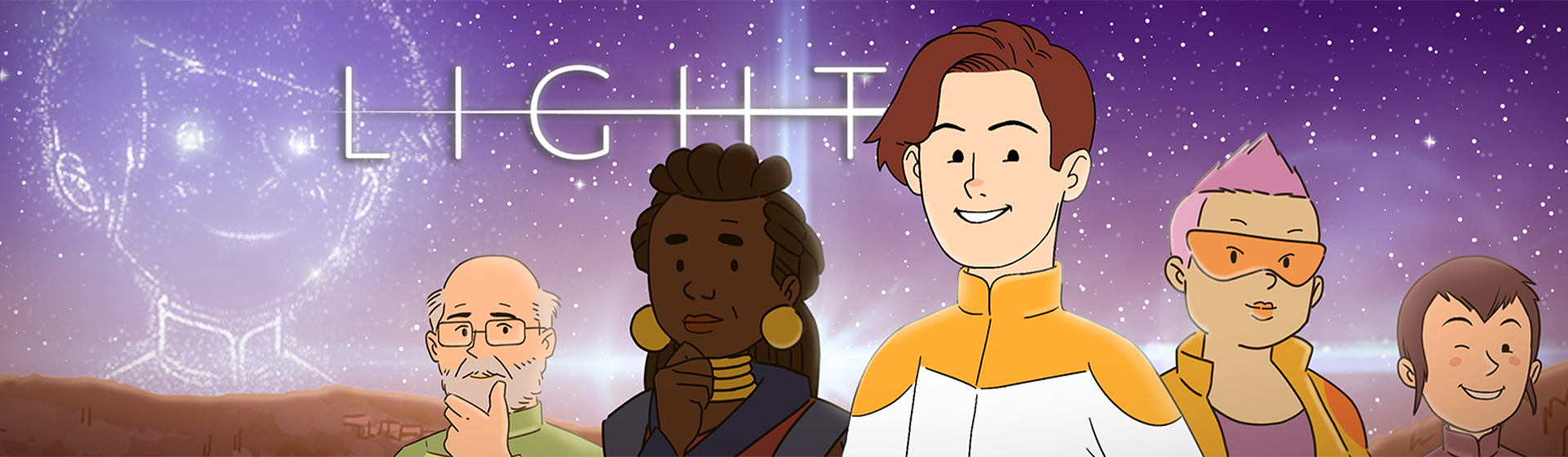 Banner of the game Light, with the main heroes in front of a star hill and Mackenzie's face in constellation