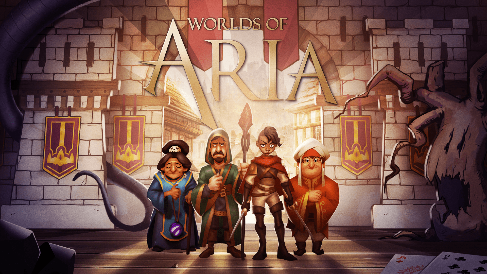 Official keyart of the video game Worlds of Aria, with the four main heroes (Warrior, Witch, Mage and Merchant) in front of the open doors of the Kingdom of Aria.