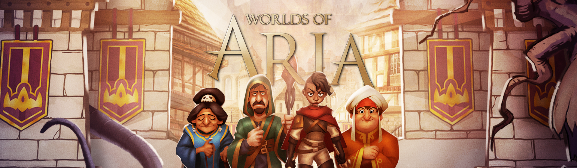 Banner of the video game Worlds of Aria, with the four main heroes (Warrior, Witch, Mage and Merchant) in front of the open doors of the Kingdom of Aria.