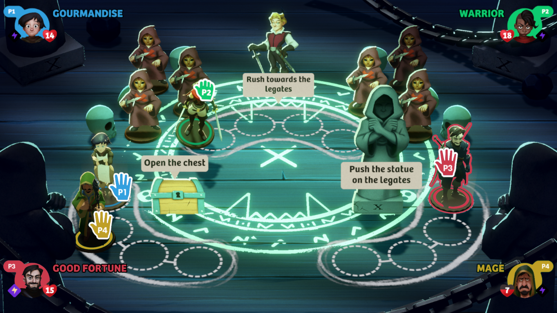 Choice scene in the sacrifice scene. The four heroes must choose between: Rush towards the legates, Push the statue on them or Open the chest.
