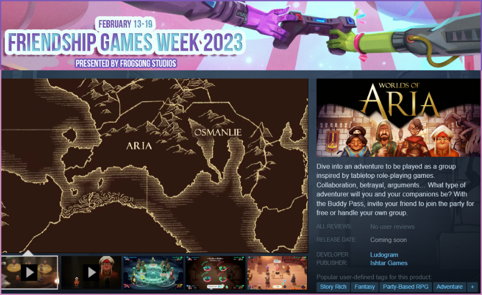Overview of the Steam page of Worlds of Aria with its promotion by the Friendship Games Week festival (banner and referencing).