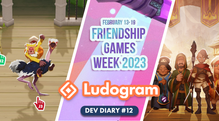 Preview of the newsletter content in pictures. Official poster of the Friendship Games Week festival and funny bug reported with animals climbing on each other in the Worlds of Aria.